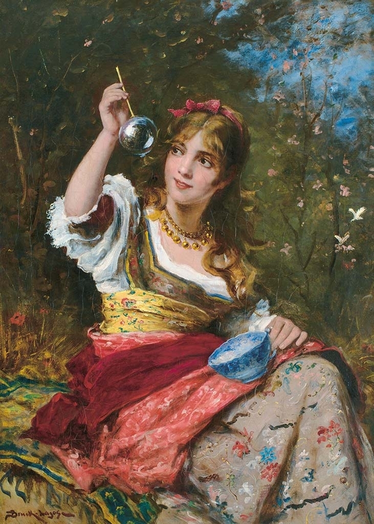 Bruck Lajos (1846-1910) Girl Blowing Bubbles