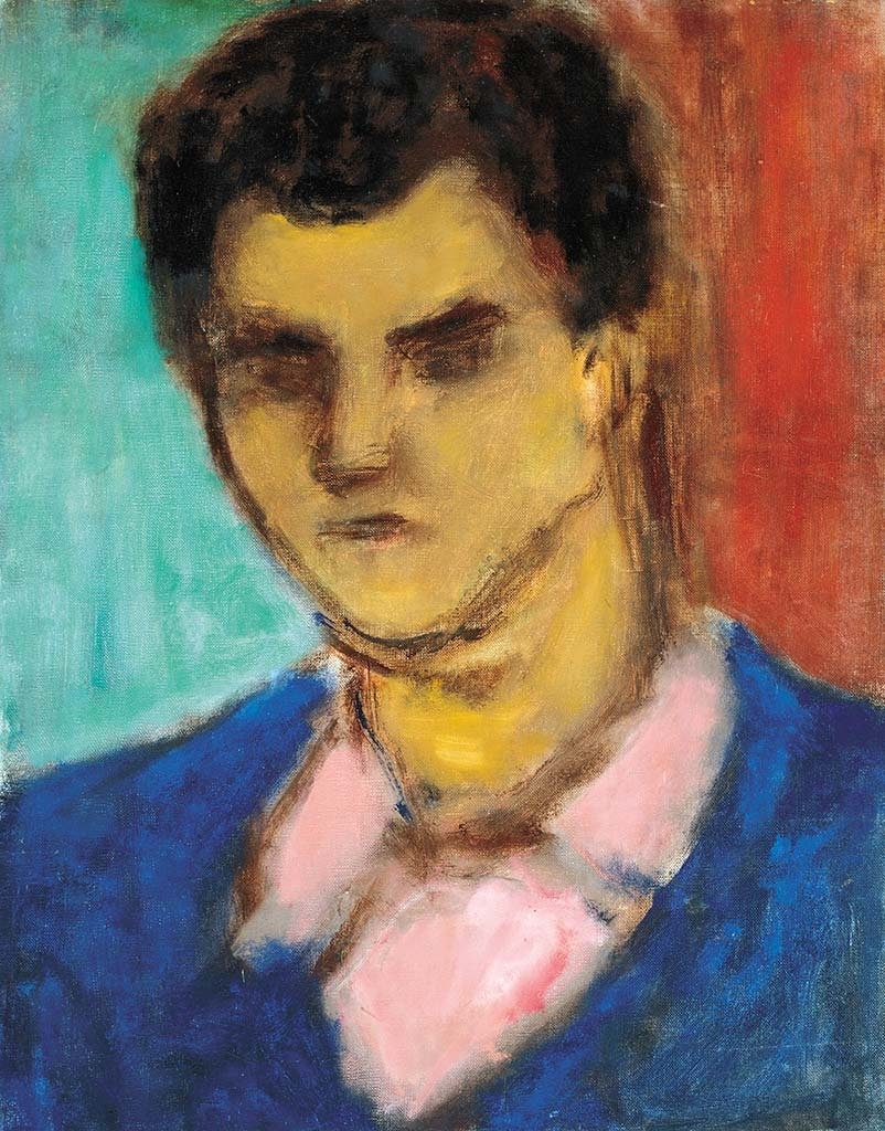 Czóbel Béla (1883-1976) Portrait of a Young Man Wearing a Pink Shirt and Blue Clothes, 1972