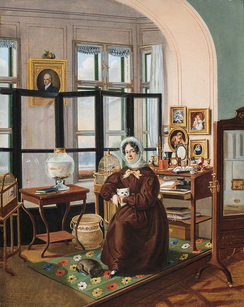 Steinacker Károly (1800-1873) Főkötős hölgy enteriőrben, 1832