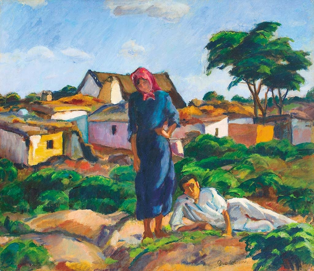Gráber Margit (1896-1993) Kecskemét with Figures, c. 1918