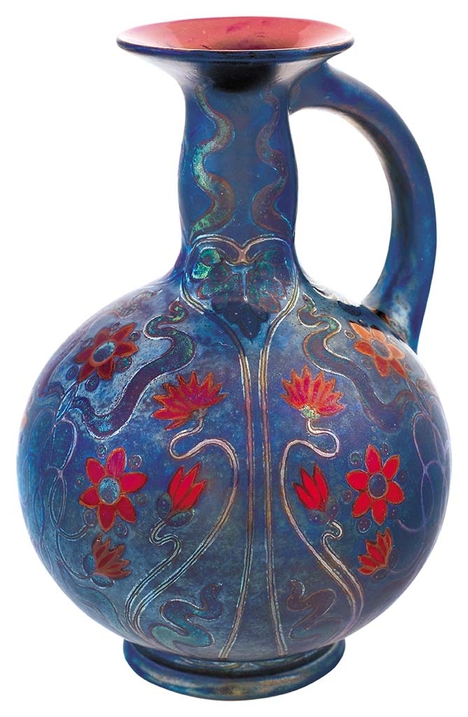 Zsolnay Decor pitcher with symmetrical flower ornament, 1899