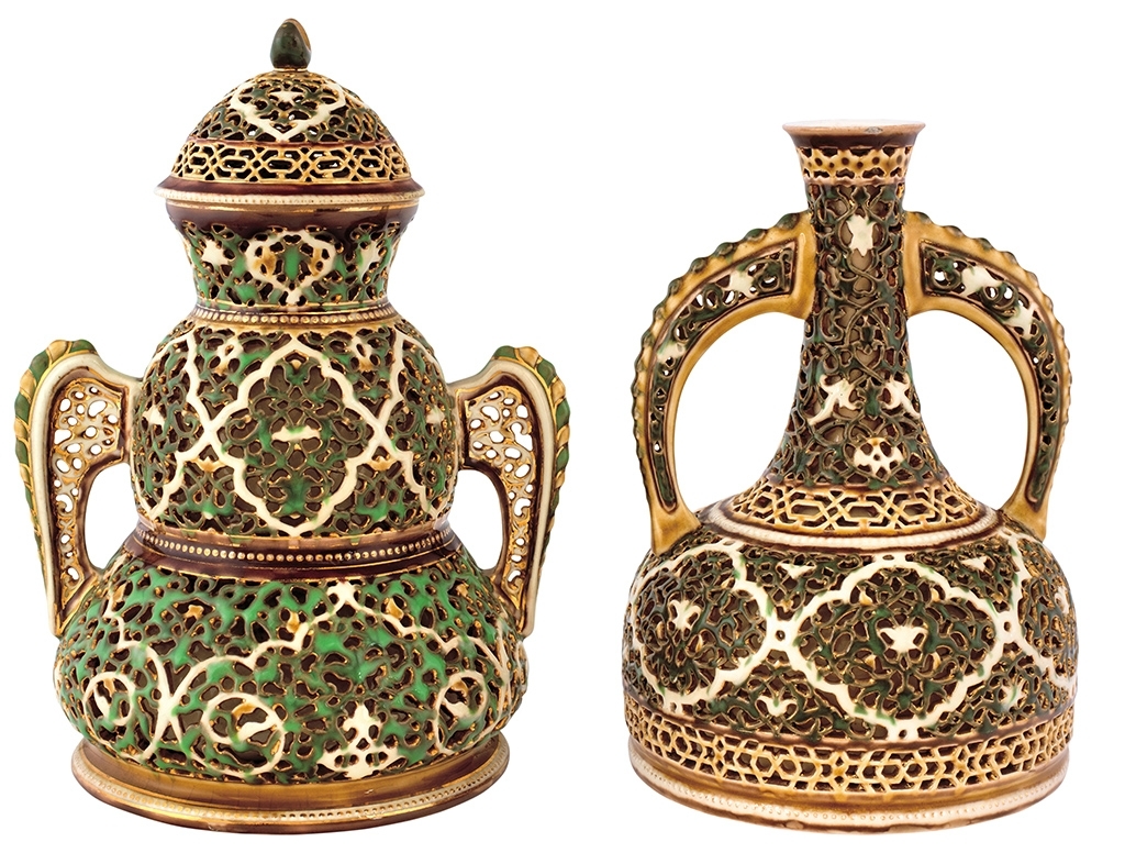 Zsolnay Case with Cover and Vase with two Handles from the Arab-series, 1889 Design by: Sikorski, Tádé