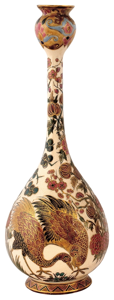 Zsolnay Pair of Vases with Exotic Birds, c. 1885 Design by: Zsolnay, Júlia