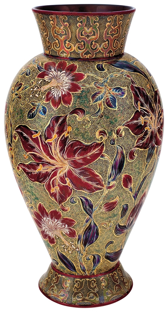 Zsolnay Vase with Lilies and Damascene Voluted Background, 1897
