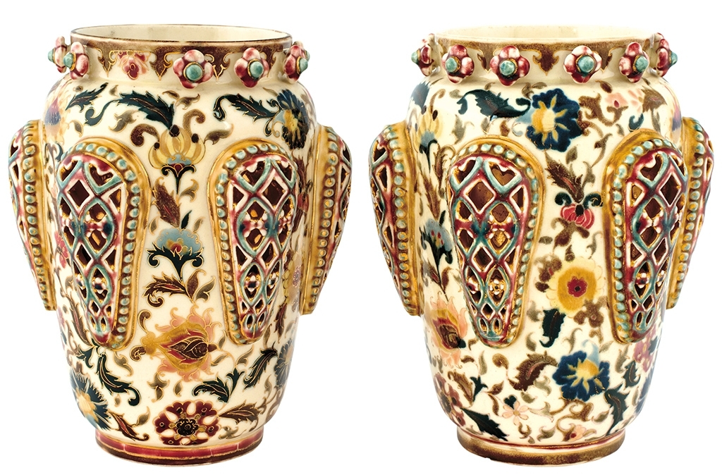 Zsolnay Pair of Vases with Tracery Applique, 1887