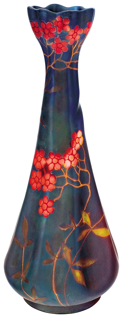 Zsolnay Bordázott váza, virágzó faágas díszítéssel, 1900
