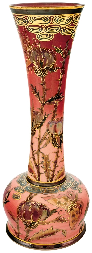 Zsolnay Vase with Butterflies and Thistle Flower, 1883 Design possibly by: Zsolnay, Júlia