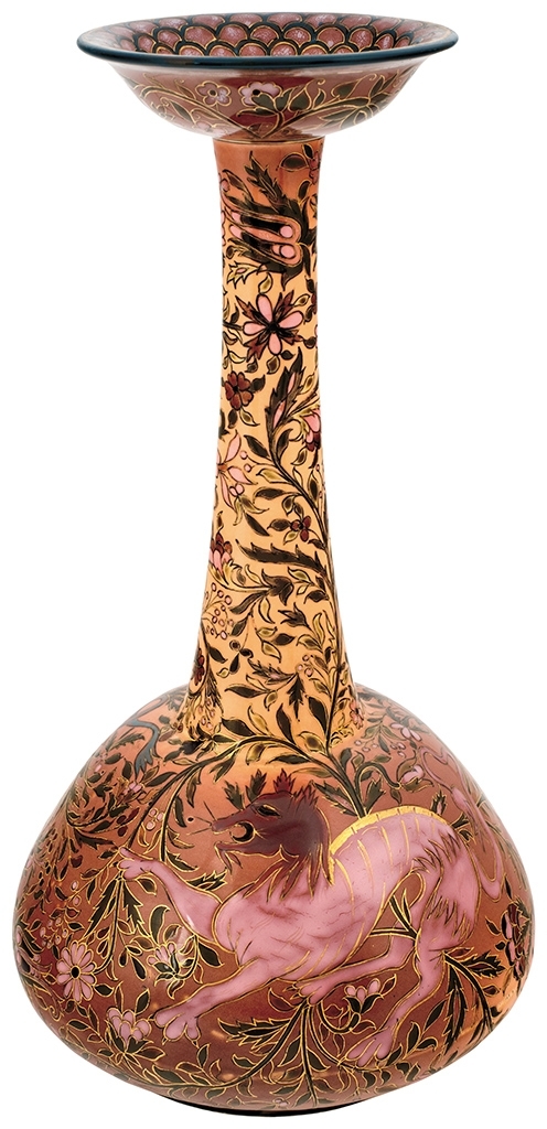 Zsolnay High Neck vase with Hunting Animals, 1883 Design by: Klein, Ármin