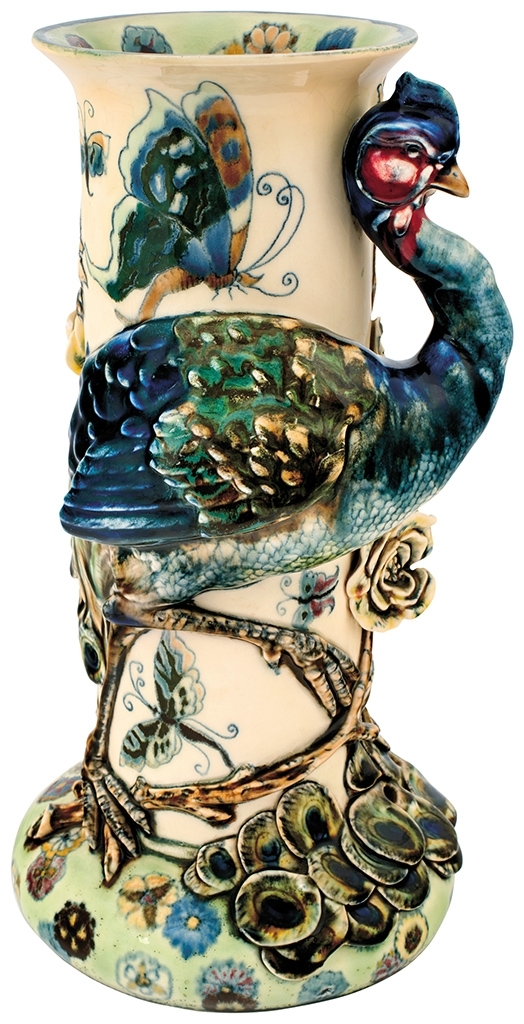 Zsolnay Vase with Sculpturesque Peacock and Flowery Branch, 1884 Desing possibly by: Klein, Ármin