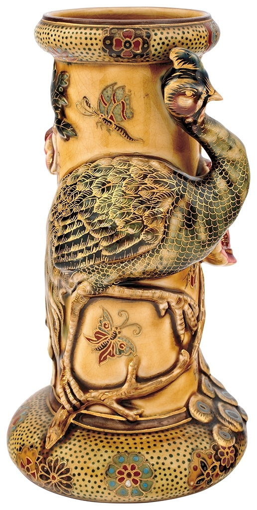 Zsolnay High Relief Vase with Peacock and Flowery Branch, 1884