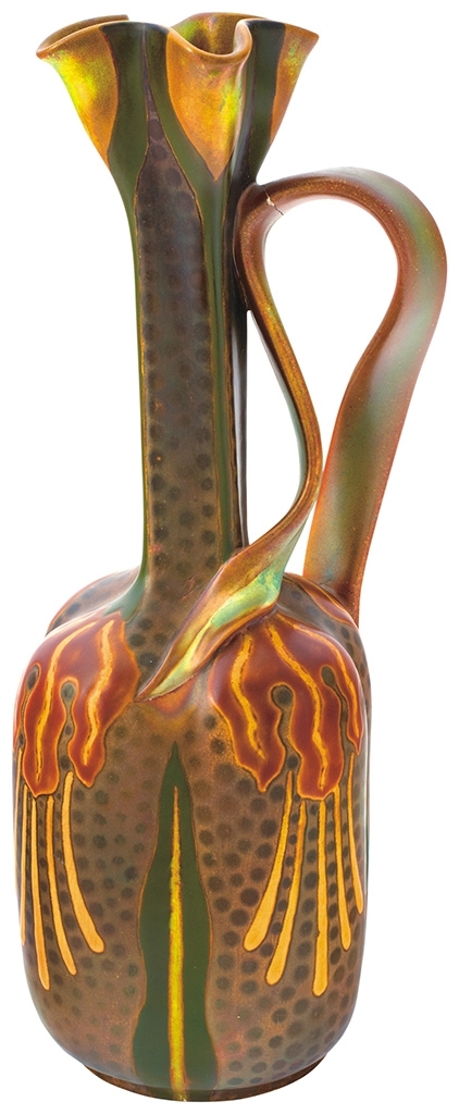 Zsolnay Ribbon Vase with Orchids, 1900 Restored