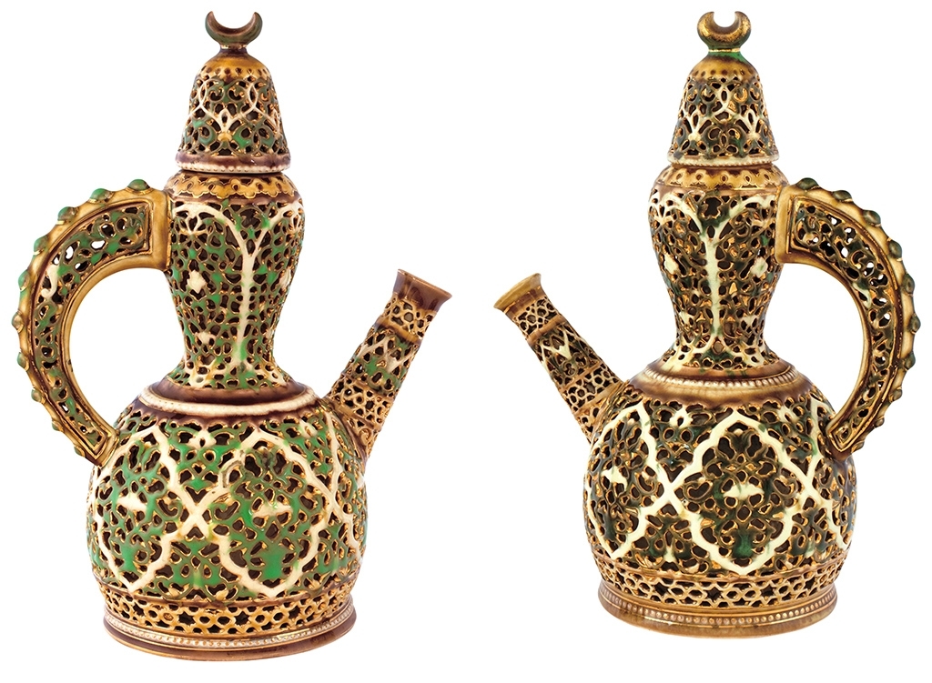 Zsolnay Pair of Jugs with Tops from the Arab-series, 1889 Design by: Sikorski, Tádé