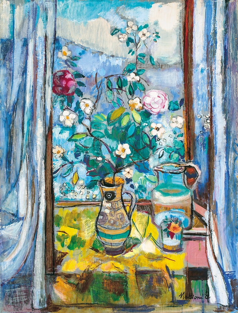 Mattioni Eszter (1902-1993) Flowery windows with Danube hills in the background, 1958