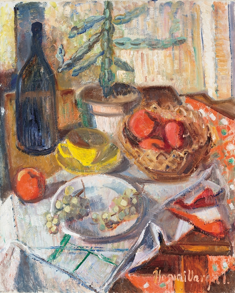 Ilosvai Varga István (1895-1978) Still life with wine bottle and fruits