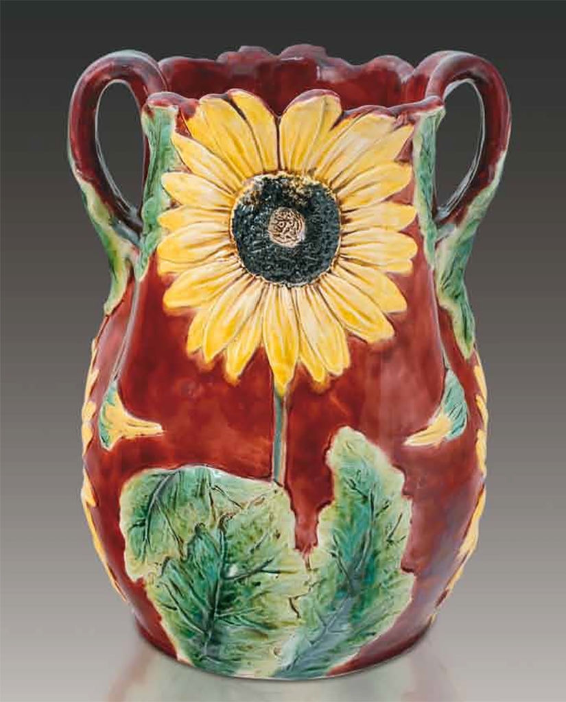 Zsolnay Plant-holder with two handles and Sunflower decor, Zsolnay, c. 1900, Form plan by: Kapás-Nagy, Mihály