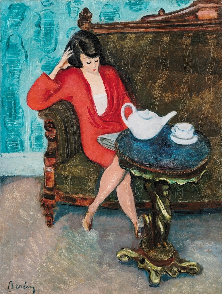 Berény Róbert (1887-1953) Lady wearing a Red Dress in a Green Room (Breakfast), c. 1928