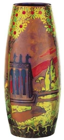 Zsolnay Cigar-shaped panorama vase, Zsolnay, design: 1898, decoration design: 1898-1900