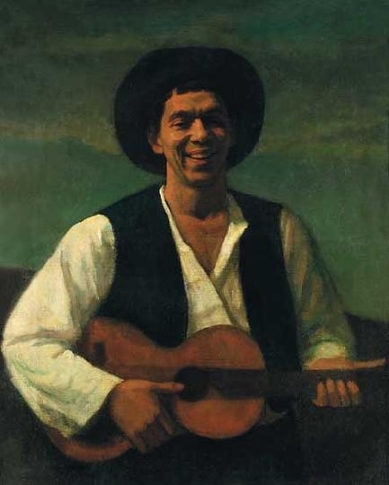 Czigány Dezső (1883-1938) Smiling self-portrait with guitar, around 1914