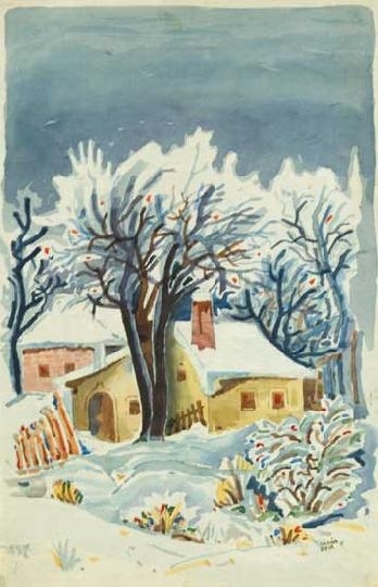Kádár Béla (1877-1956) Snow-covered houses On the reverse: Houses under the mountain