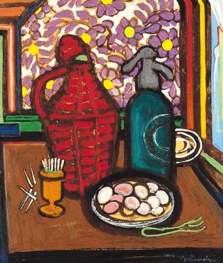 Bolmányi Ferenc (1904-1990) Still life with table and wine-bucket, 1946