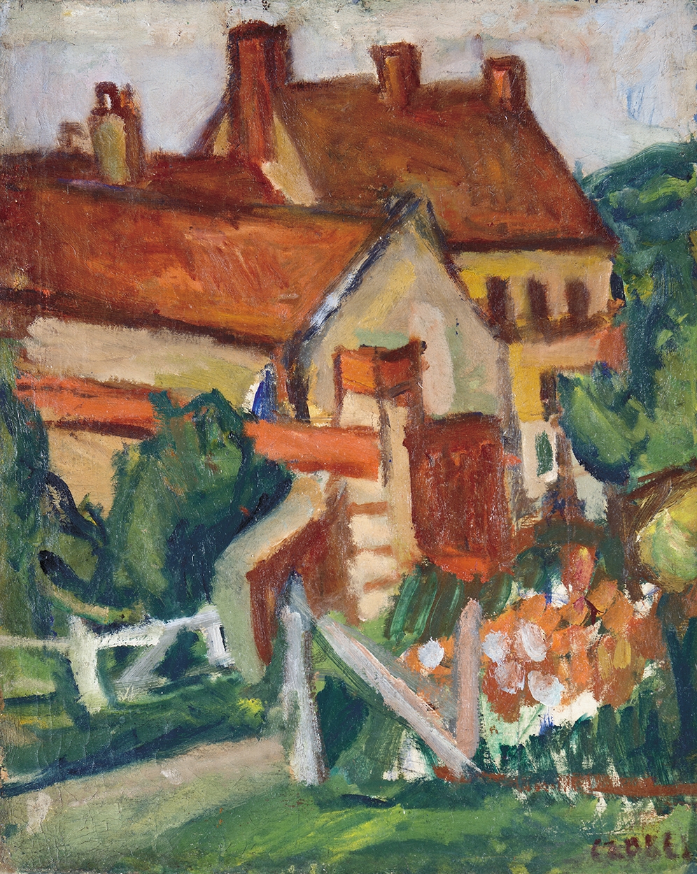 Czóbel Béla (1883-1976) Yellow Houses, Red Rooftops (Landscape, Houses in Gros Rouvre), 1927