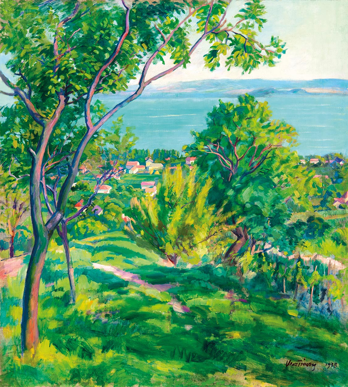 Vesztróczy Manó (1875-1955) Balatonboglár a Fülöp-hegyről, 1938