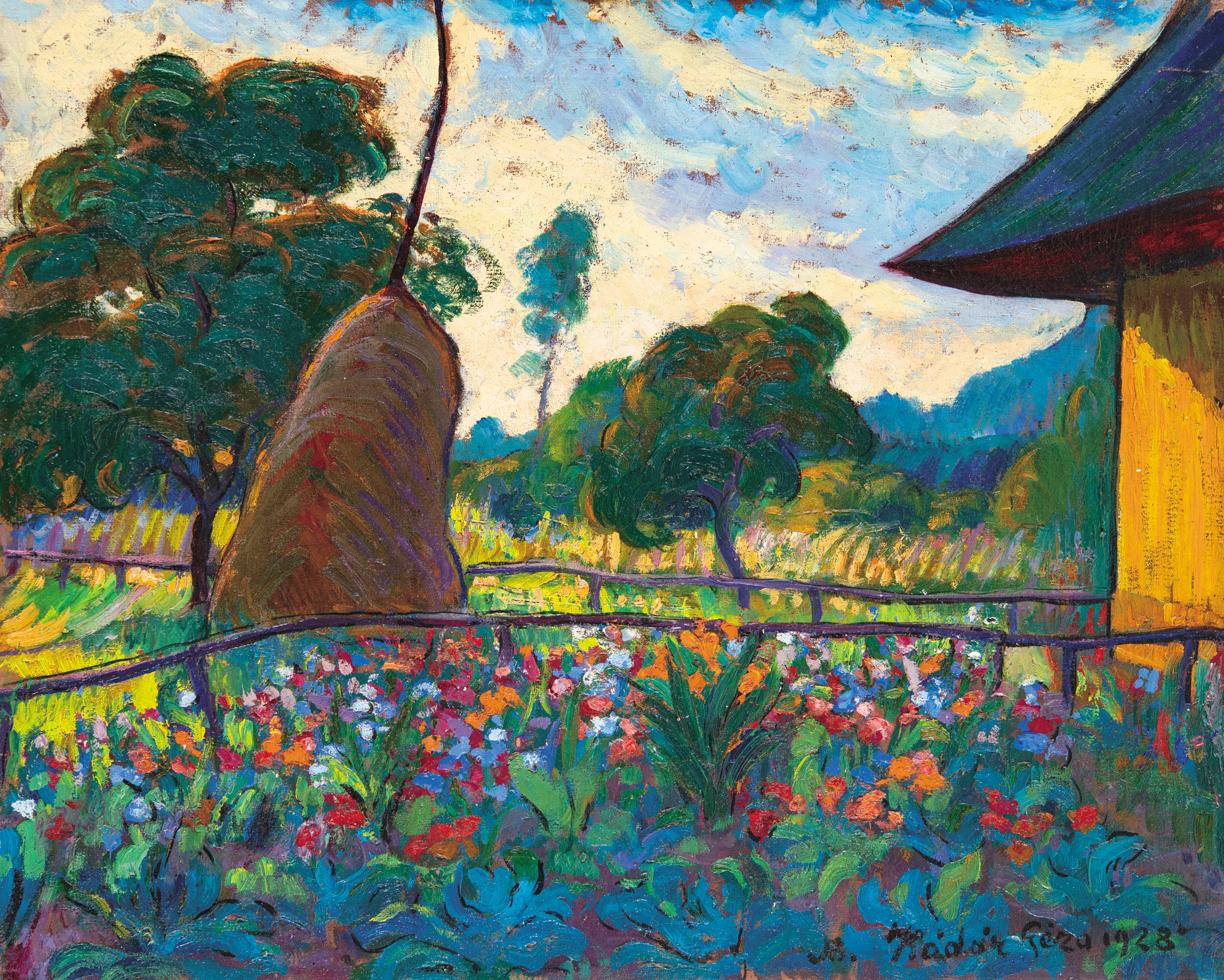 Kádár Géza (1878-1952) Nagybánya nyáron, (Virágözön a kerti boglya árnyékában), 1928