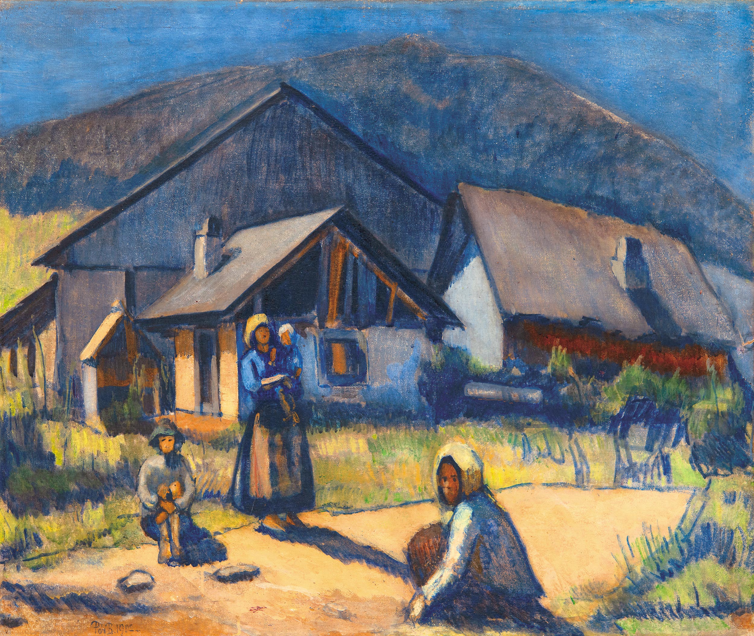 Pór Bertalan (1880-1964) Family from the Highlands in front of Houses, 1907