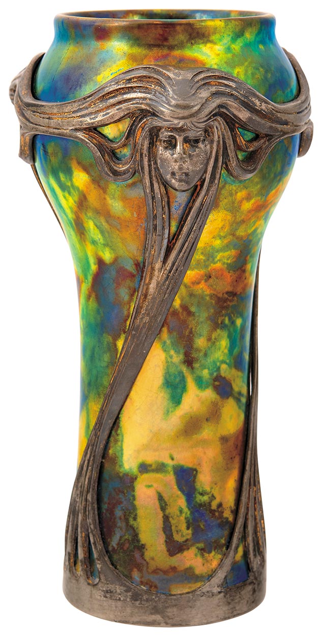 Zsolnay Váza, figurális, ezüstözött ón montírozással, Zsolnay – Osiris, 1900 körül