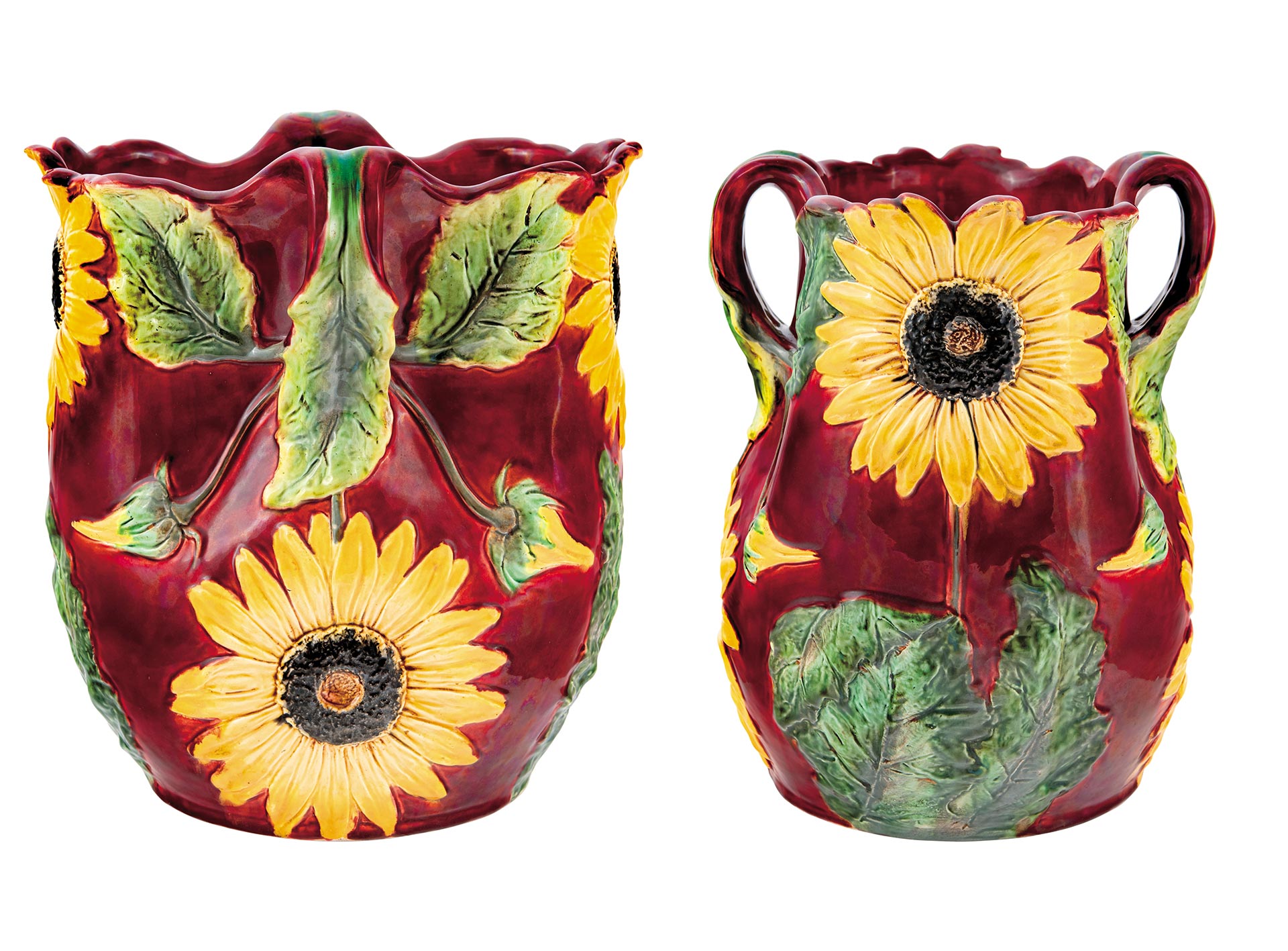 Zsolnay Plant-holder with two Handles and Sculpturesque Sunflower decor, 1898-99