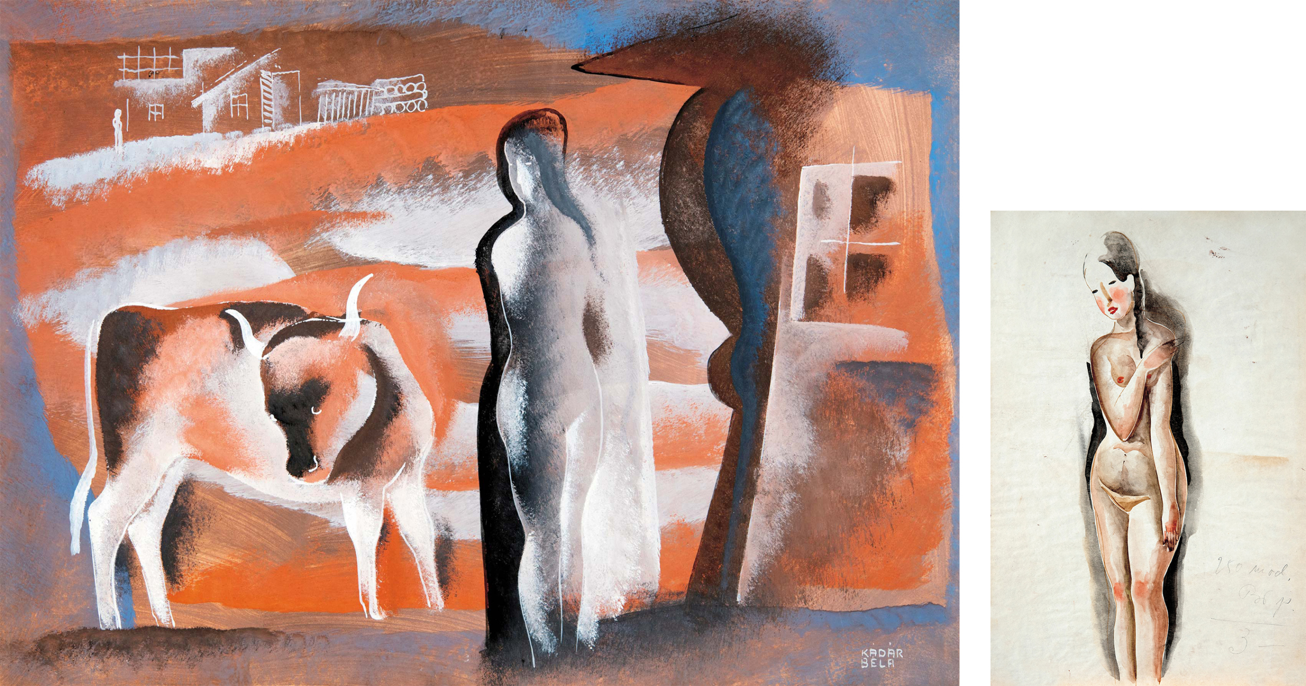 Kádár Béla (1877-1956) Girl with Cow; On the reverse: Nude
