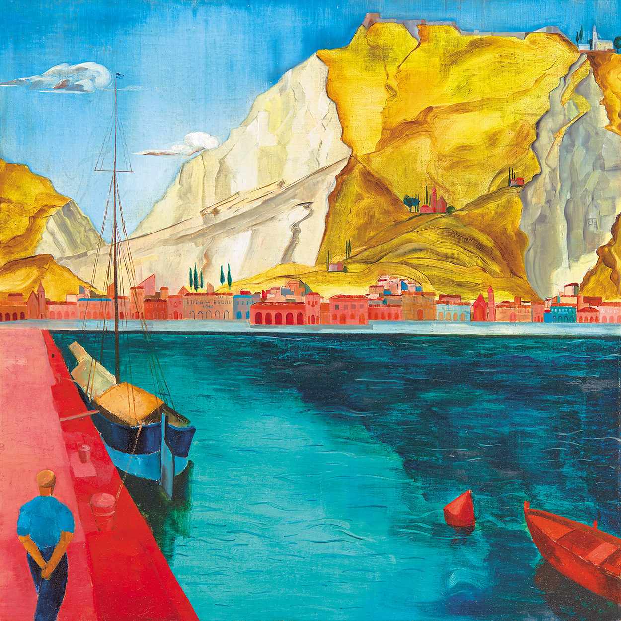 Freytag Zoltán (1901-1983) Olasz kisváros kikötője vitorlással, 1930-as évek