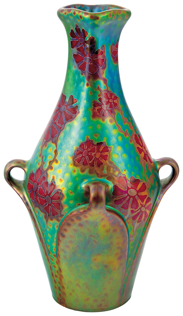 Zsolnay Vase with Four handles on its Body and Flower ornaments, Zsolnay, 1902