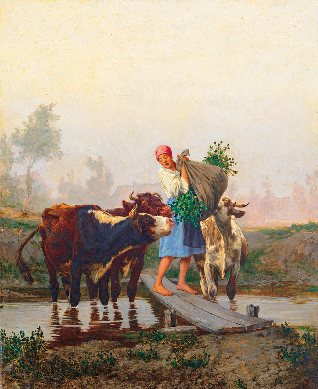 Molnár József (1821-1899) Feeding by the Stream (On the way back Home)