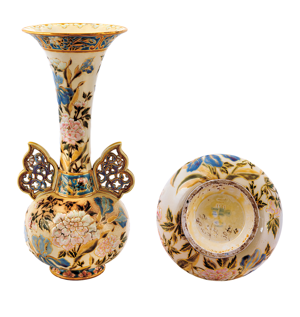 Zsolnay Historic style Vase with Plate-tracery Handles, Zsolnay, around 1885
