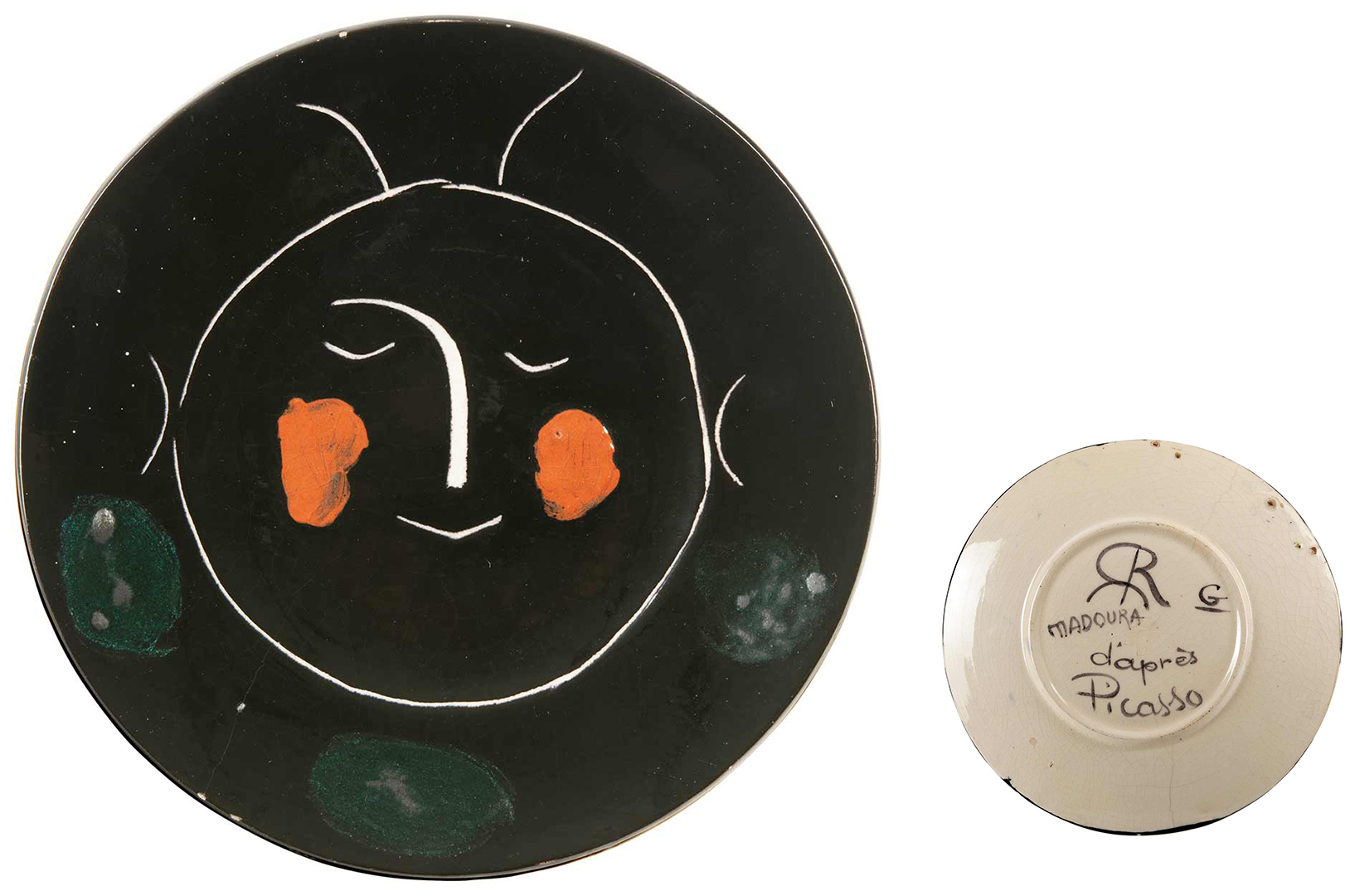 Pablo Picasso (1881-1973) Fekete fejes kerámia tányér, Madoura, 1948