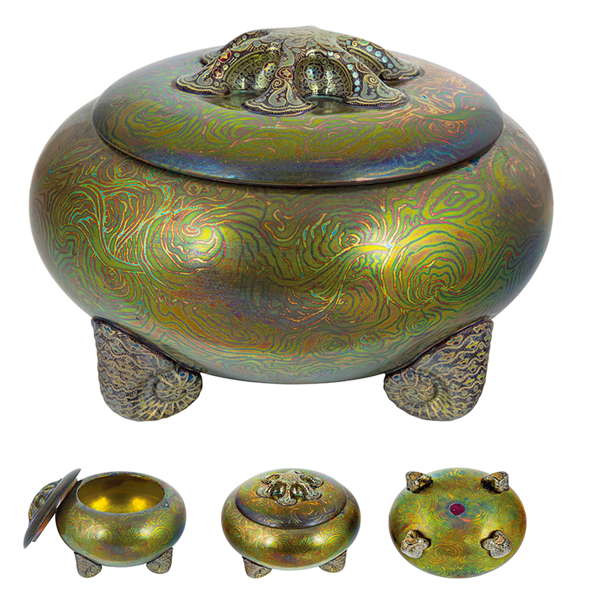Zsolnay Box with spiral legs, decorated with the so-called Tiffany Technique, Zsolnay, 1913