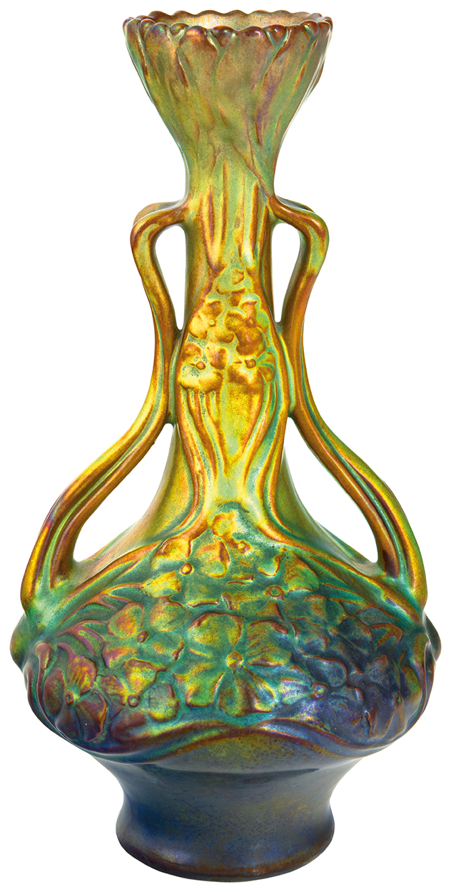 Zsolnay Floreális díszítményű váza, inda formájú fogókkal, Zsolnay, 1900 körül