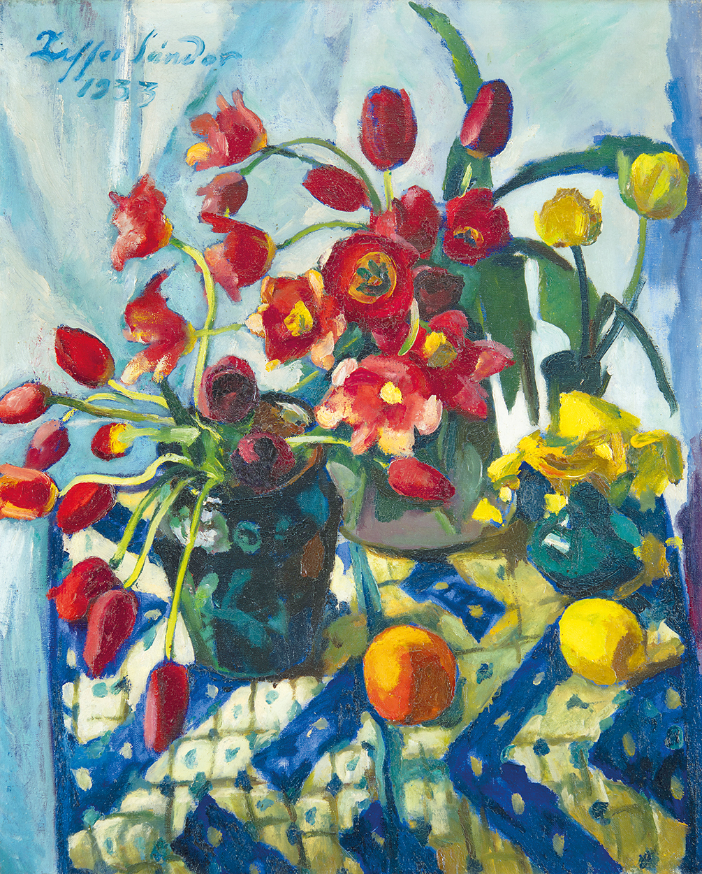 Ziffer Sándor (1880-1962) Tulipános csendélet naranccsal és citrommal, 1933