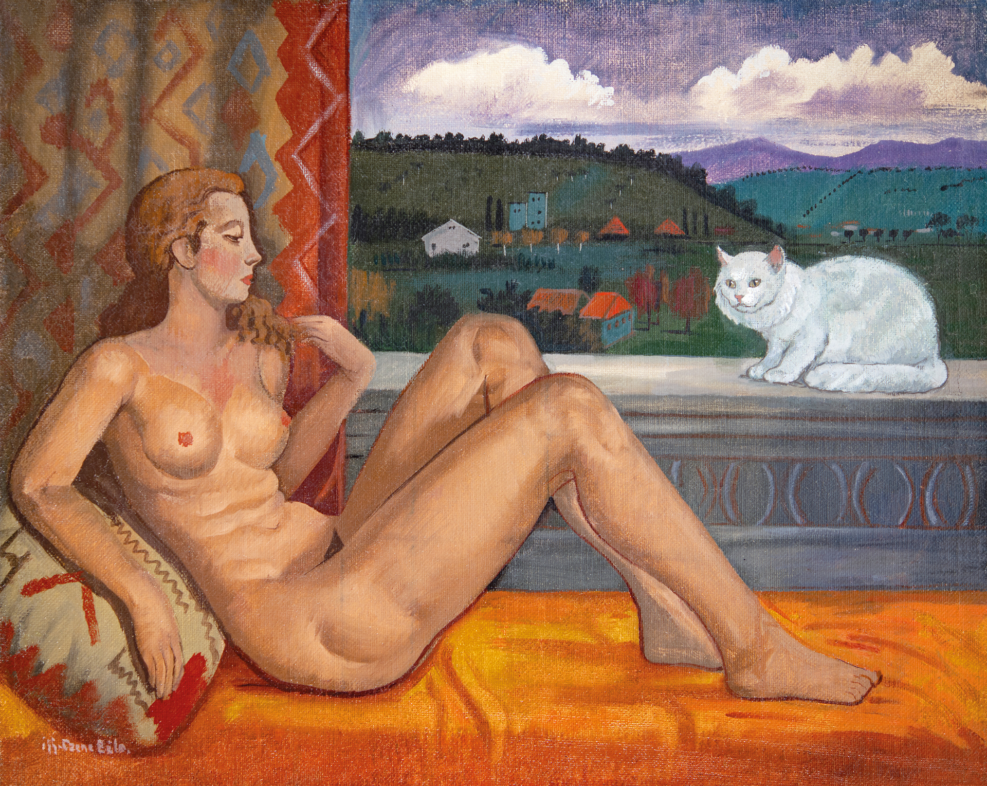 Czene Béla (1911-1999) Day-dreaming nude with a cat
