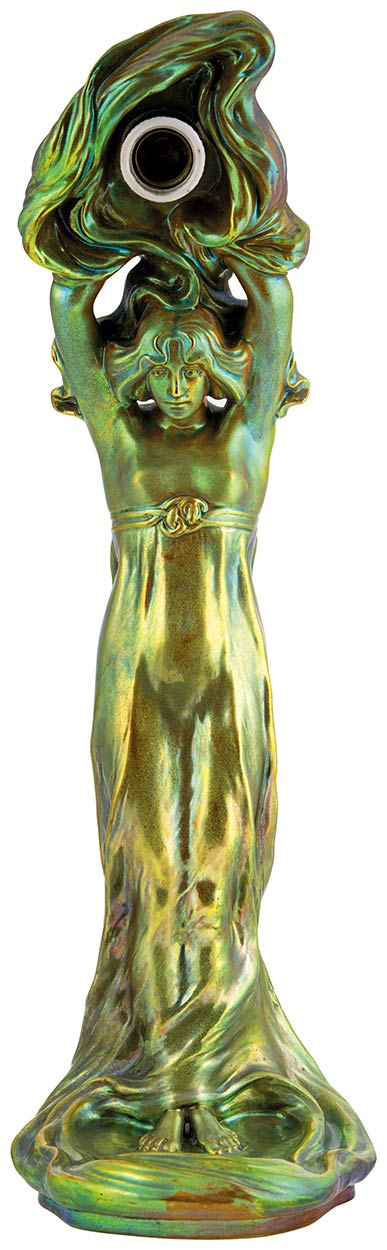 Zsolnay Electric lamp with Undressing Female figure, Zsolnay