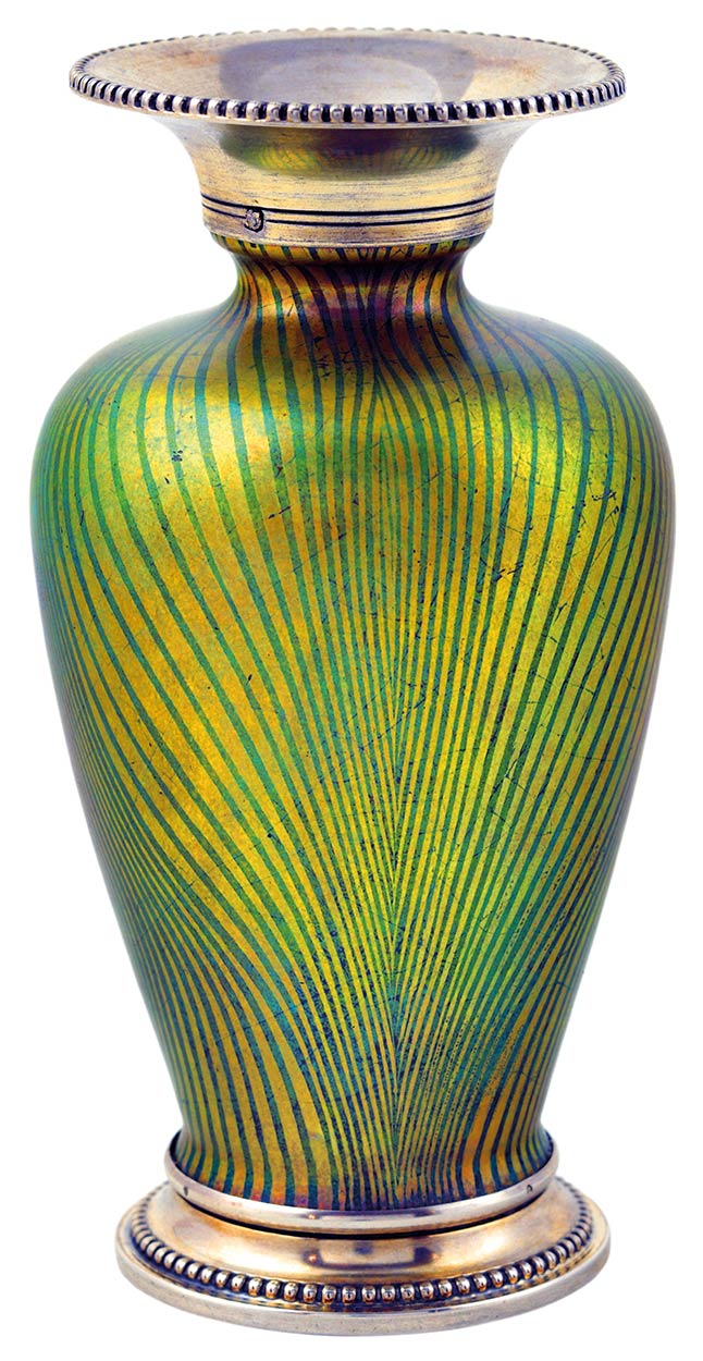 Zsolnay Silver mounted Vase with Tiffany-style Striped Decor, Zsolnay, around 1898-1899