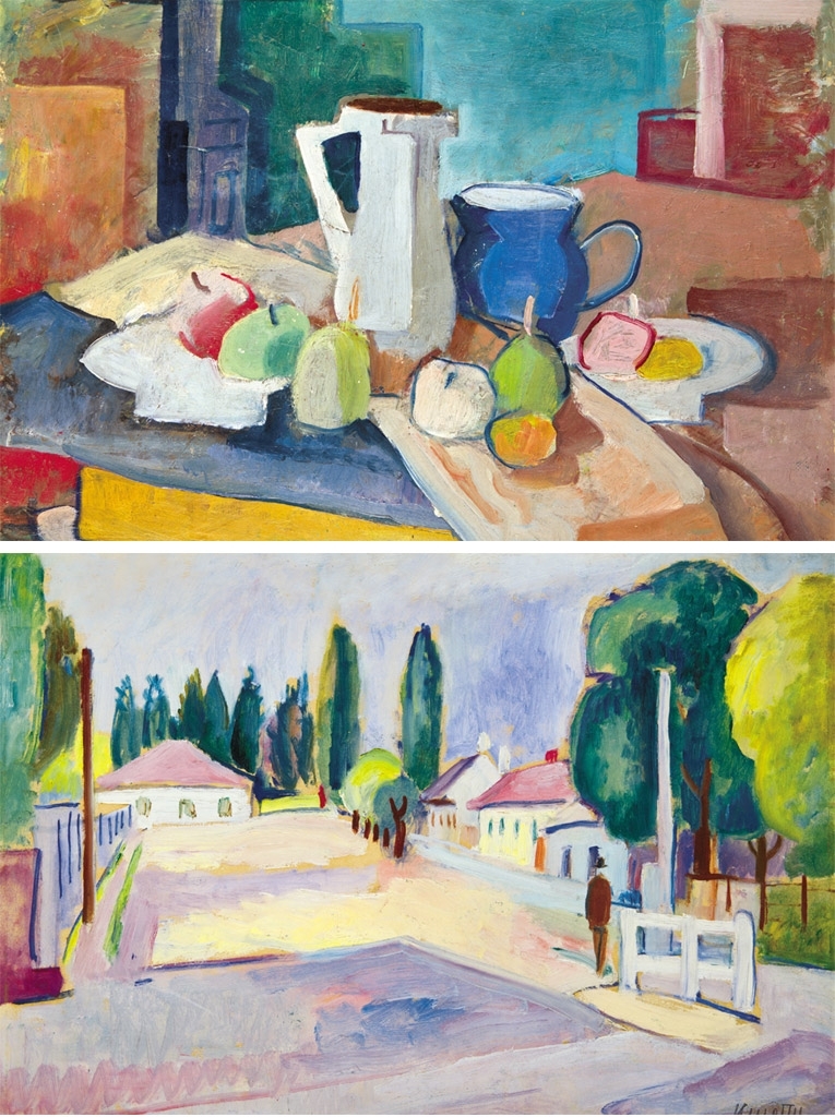 Kmetty János (1889-1975) Still-life with Apples and Pear, on the reverse: Street in Baia Mare (Nagybánya), 1920s