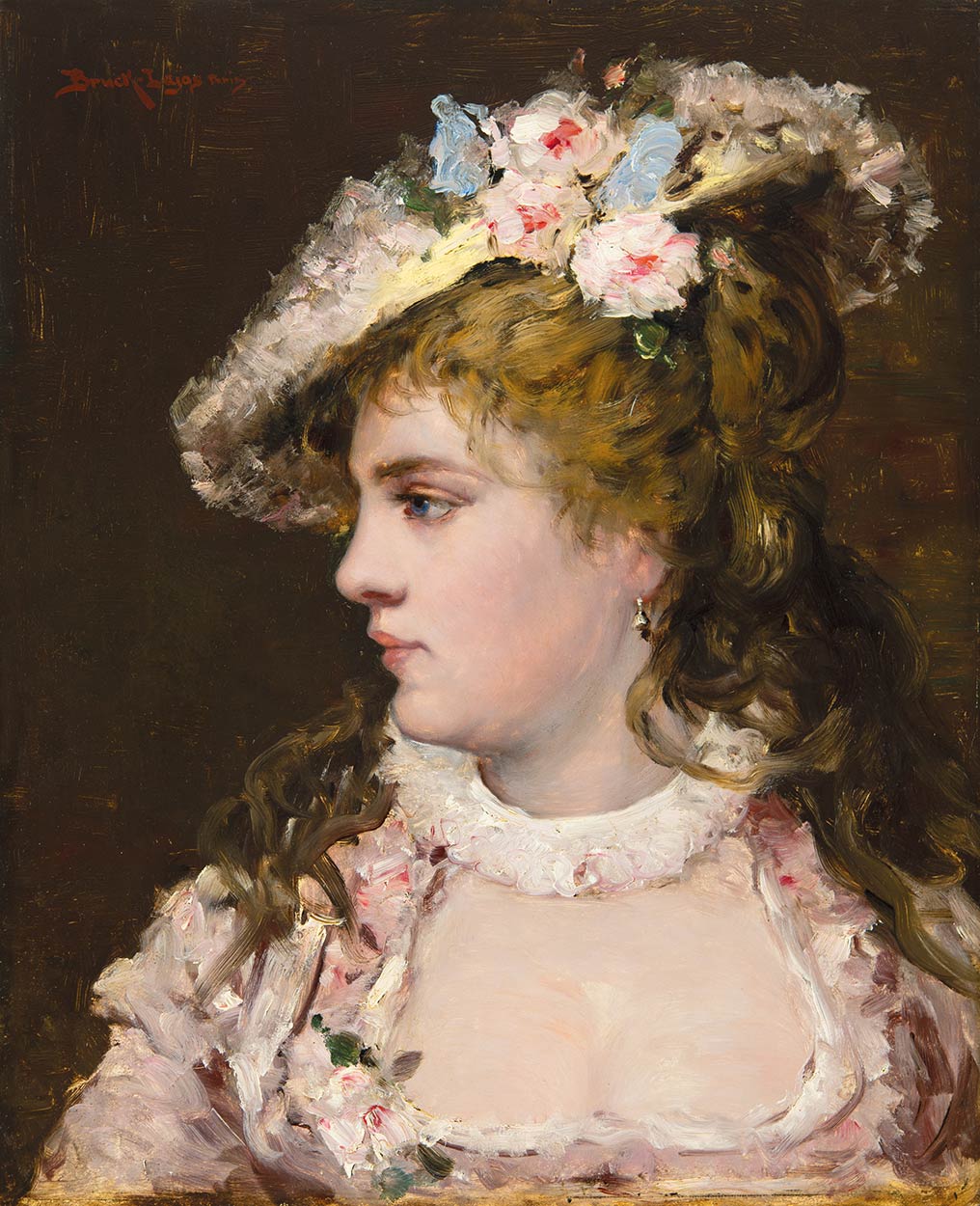Bruck Lajos (1846-1910) Párizsi nő virágos kalapban, 1890 körül