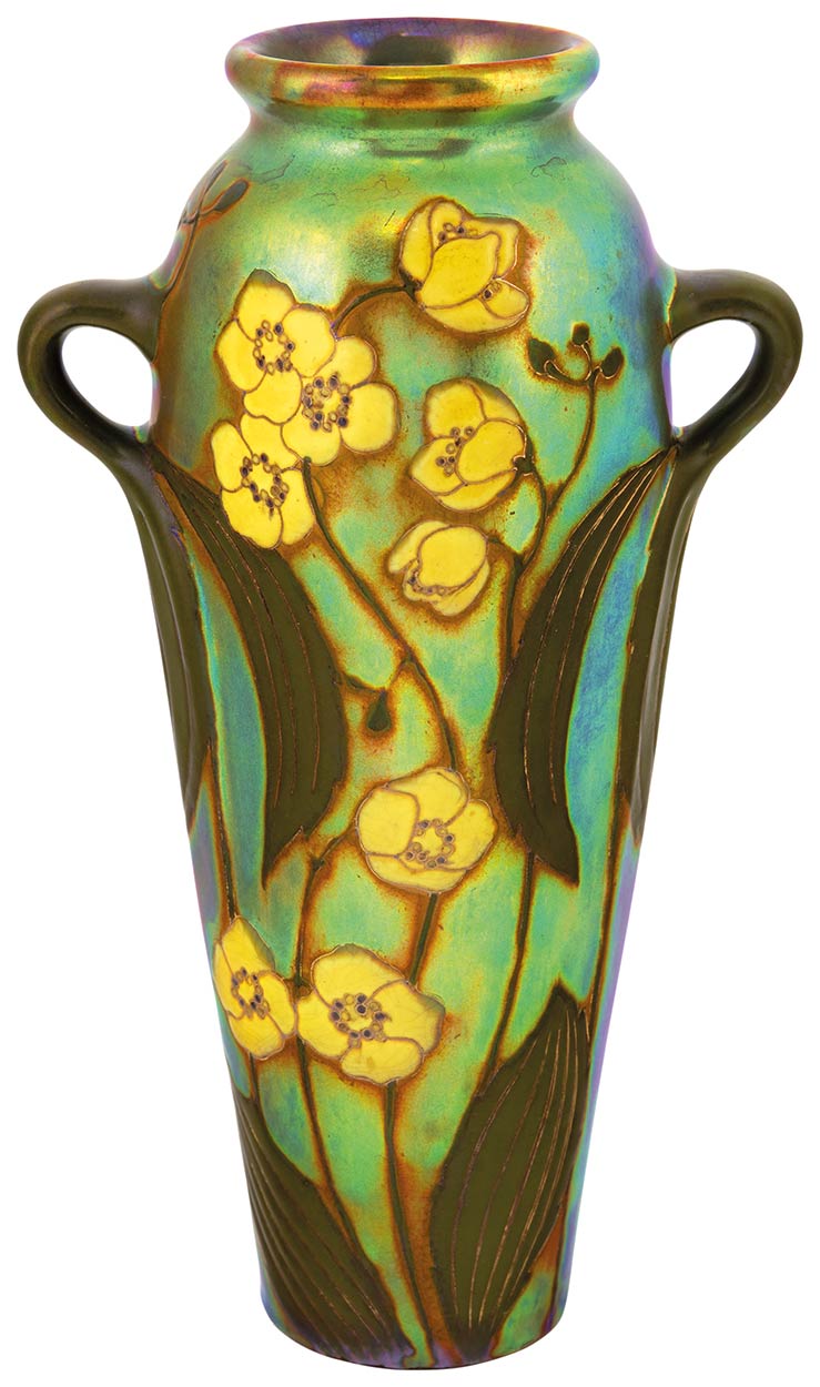Zsolnay Váza, két füllel, sárga virágú növény-díszítménnyel, Zsolnay, 1900