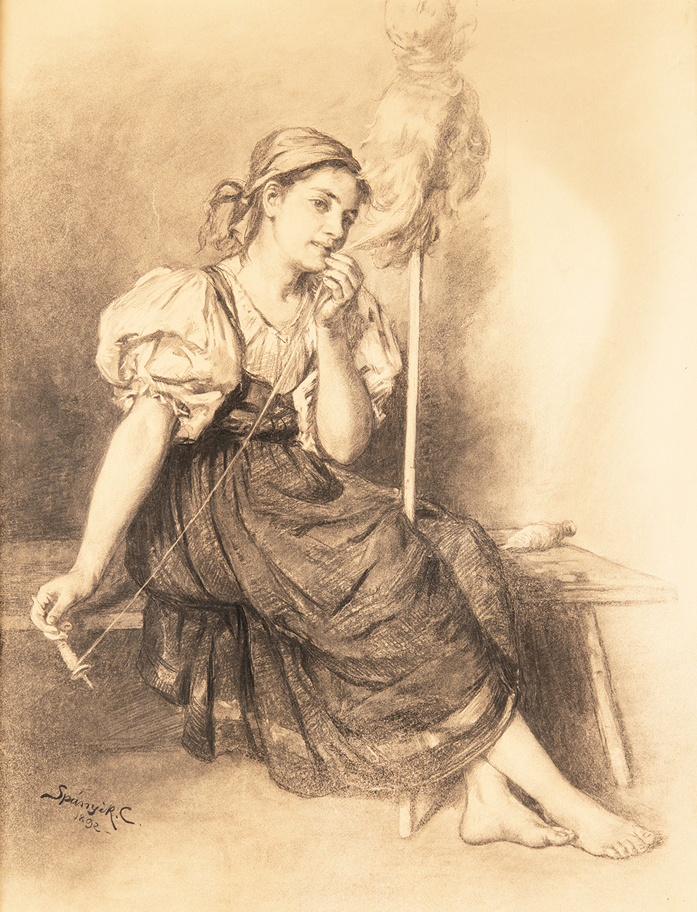Spányik Kornél (1858-1943) Girl at the Spinning Wheel, 1982