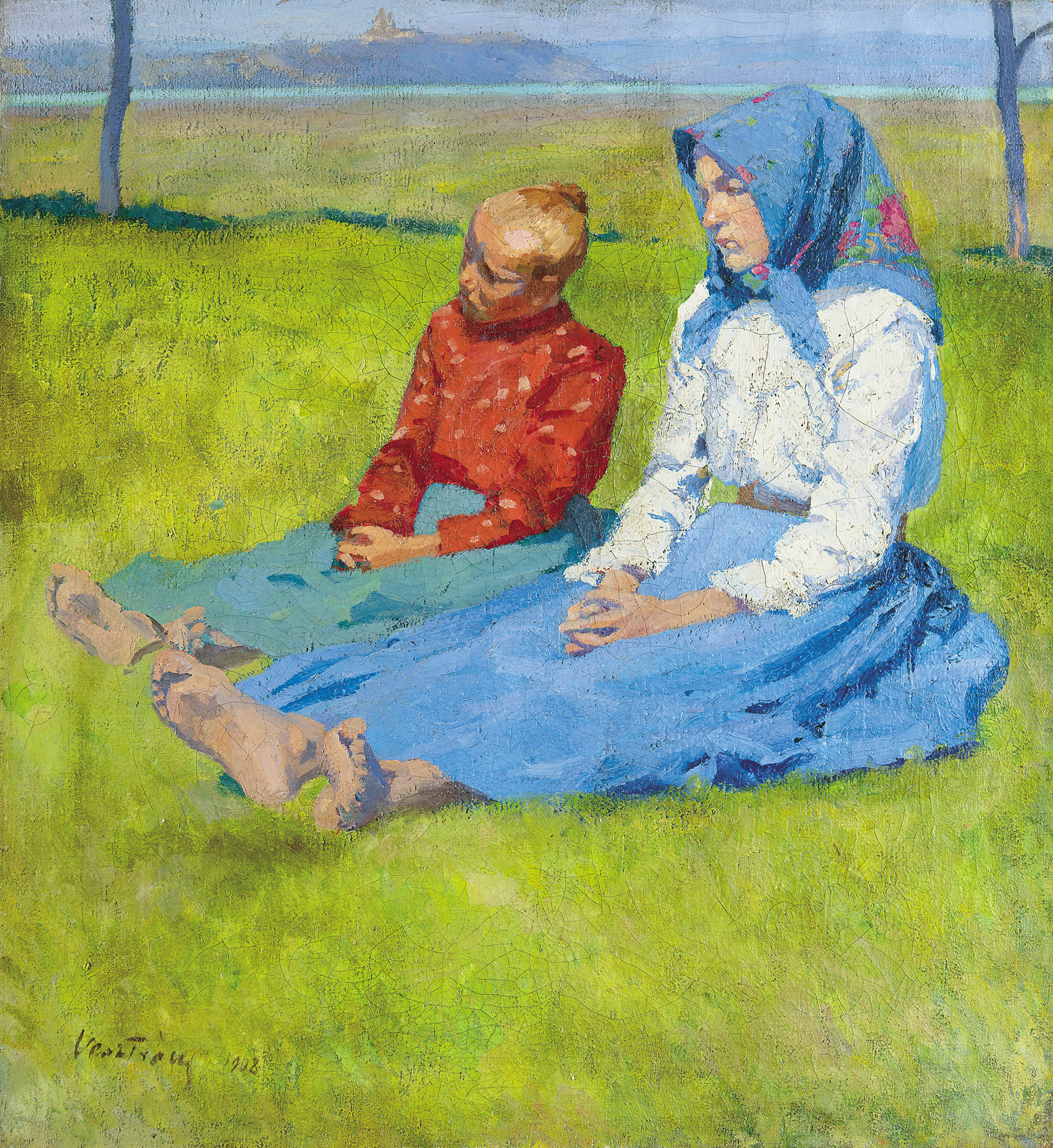 Vesztróczy Manó (1875-1955) Girls on the Meadow, with Tihany Abbey in the background, 1908