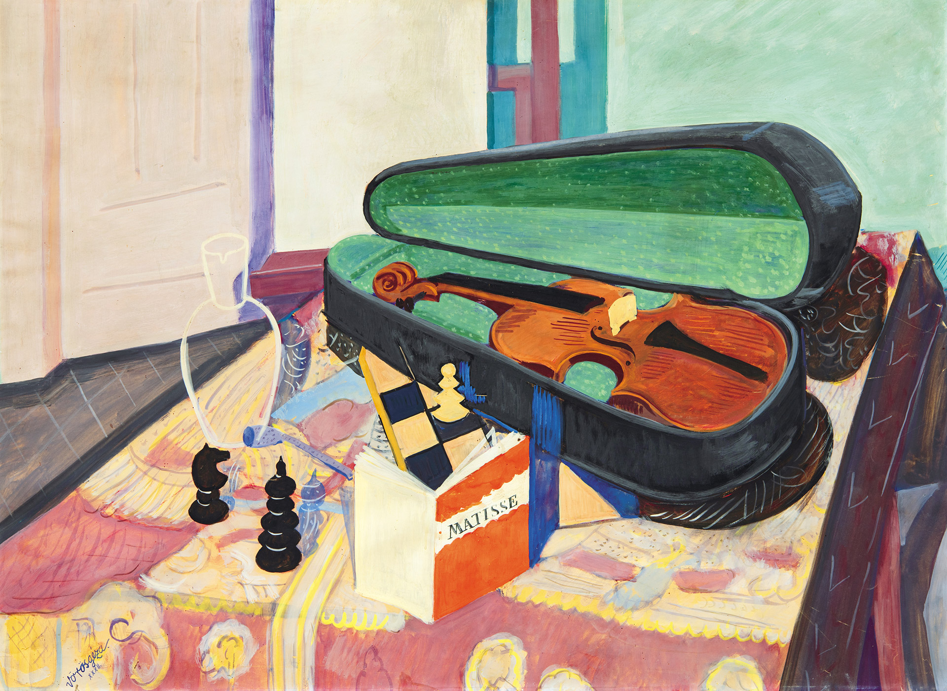 Vörös Géza (1897-1957) Still-life with Violin and Mattisse-book, 1932