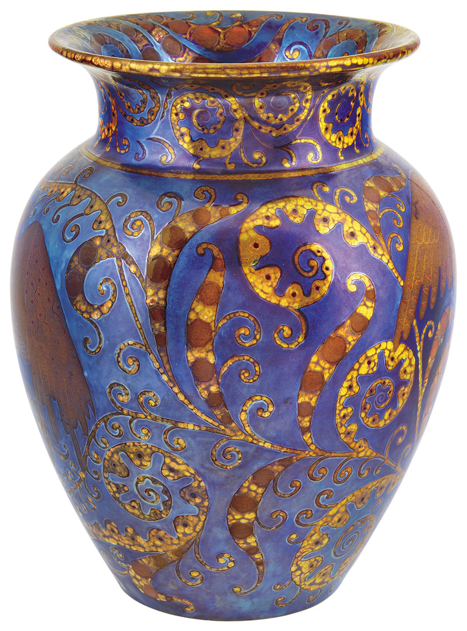 Zsolnay Vase, with Fern Bud and exotic Birds’ ornaments in Art Deco Style, Zsolnay, around 1910