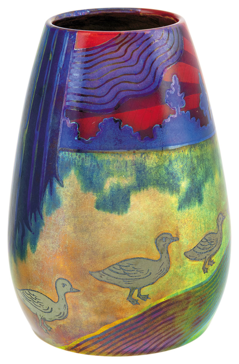 Zsolnay Panoramic Nabis Vase with scenes of Sunset, Landscape and Geese, 1899